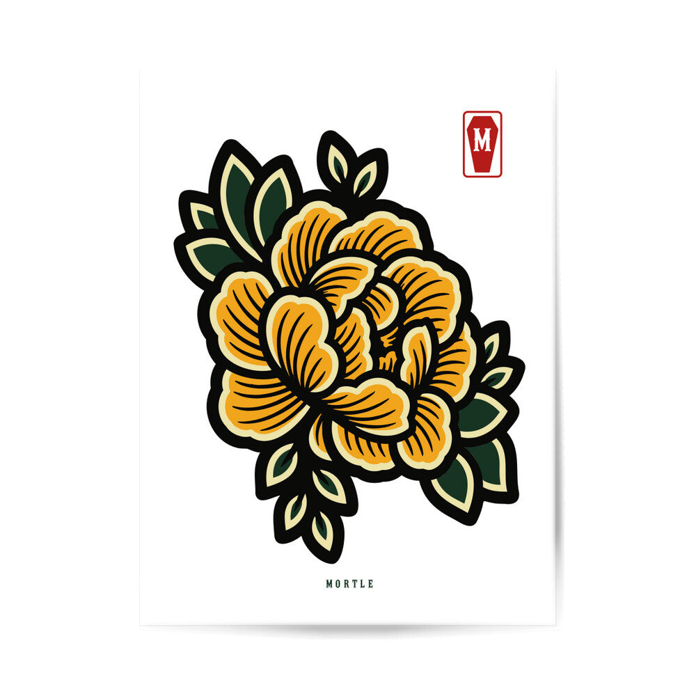 Begonia Art Poster von MORTLE. Grafisch neu interpretiertes Traditional Tattoo Motiv auf hochwertigem 200 GSM Fotopapier mit semiglänzendem Finish.