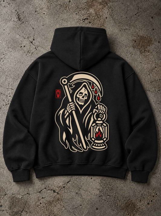 Schwarzer MORTLE Reaper Mono Oversized Hoodie mit großem Grim Reaper Rückenprint im Traditional Tattoo Stil