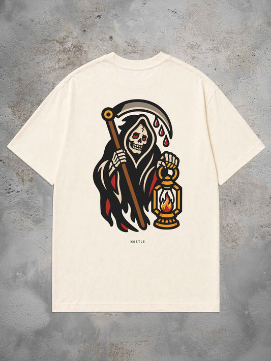 weisses Oversized Tattoo T-Shirt mit großem Grim Reaper Rückenprint im Traditional Tattoo Stil