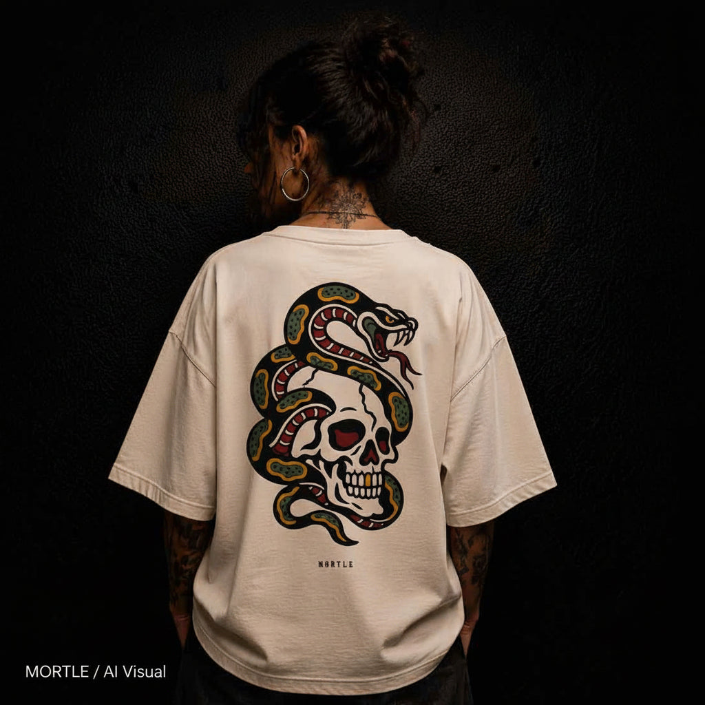 Snake and Skull Traditional Tattoo oversized T-Shirt - Mortle