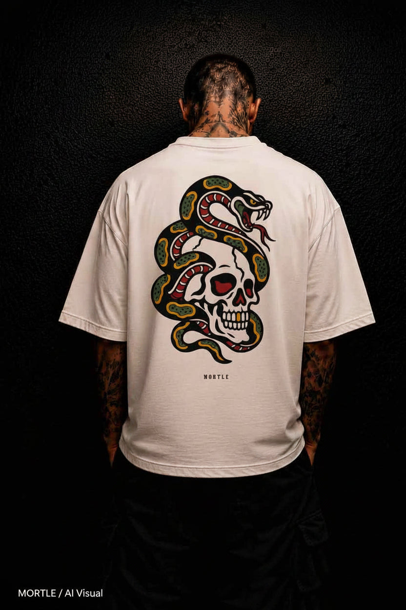 Snake and Skull Traditional Tattoo - overized T-Shirt offwhite - MORTLE