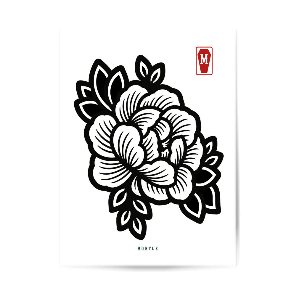 Begonia Art Poster von MORTLE. Grafisch neu interpretiertes Traditional Tattoo Motiv auf hochwertigem 200 GSM Fotopapier mit semiglänzendem Finish.