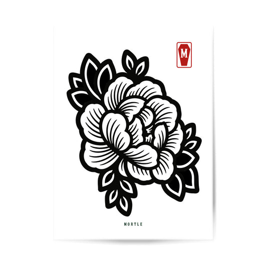 Begonia Art Poster von MORTLE. Grafisch neu interpretiertes Traditional Tattoo Motiv auf hochwertigem 200 GSM Fotopapier mit semiglänzendem Finish.