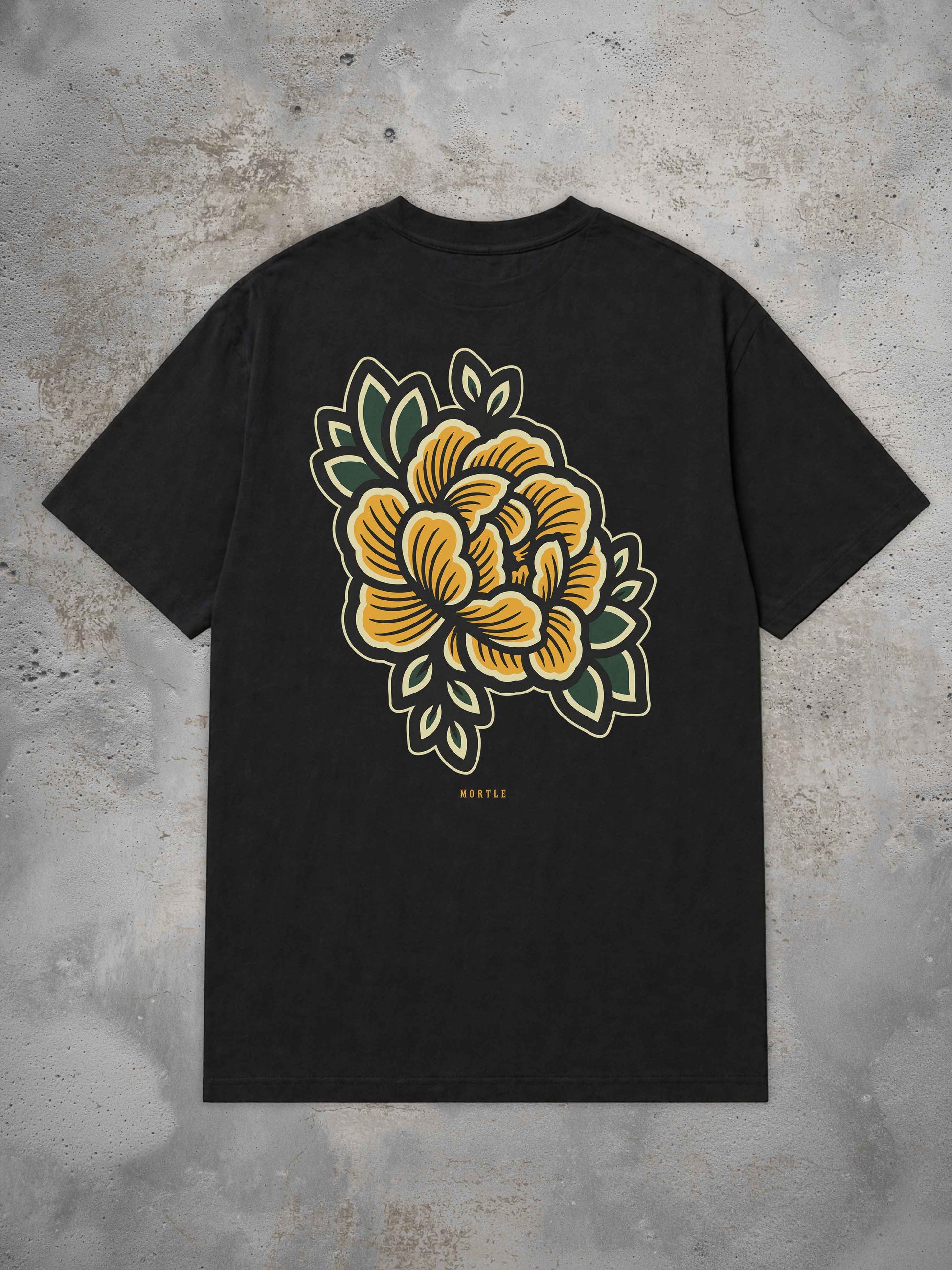 Schwarzes Oversized Tattoo T-Shirt mit großem Begonia Rückenprint im Traditional Tattoo Stil
