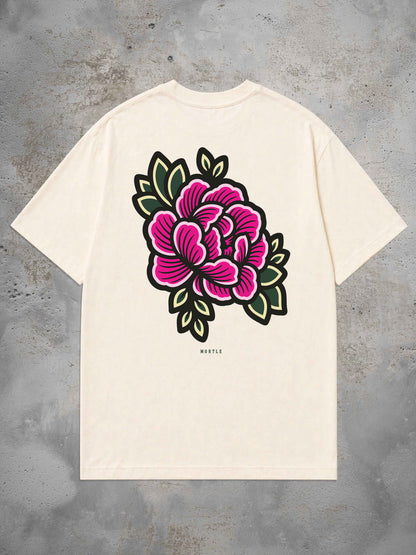 Weißses Oversized Tattoo T-Shirt mit großem Begonia Rückenprint im Traditional Tattoo Stil
