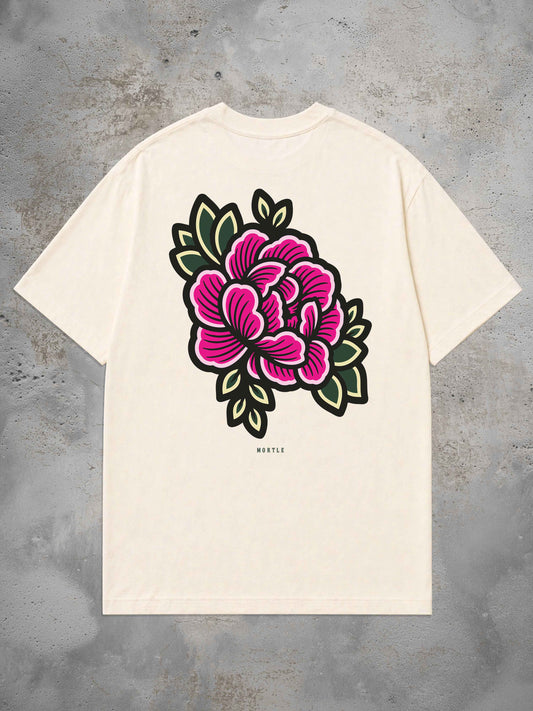 Weißses Oversized Tattoo T-Shirt mit großem Begonia Rückenprint im Traditional Tattoo Stil
