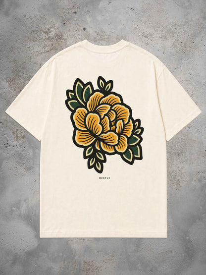 Schwarzes Oversized Tattoo T-Shirt mit großem Begonia Rückenprint im Traditional Tattoo Stil