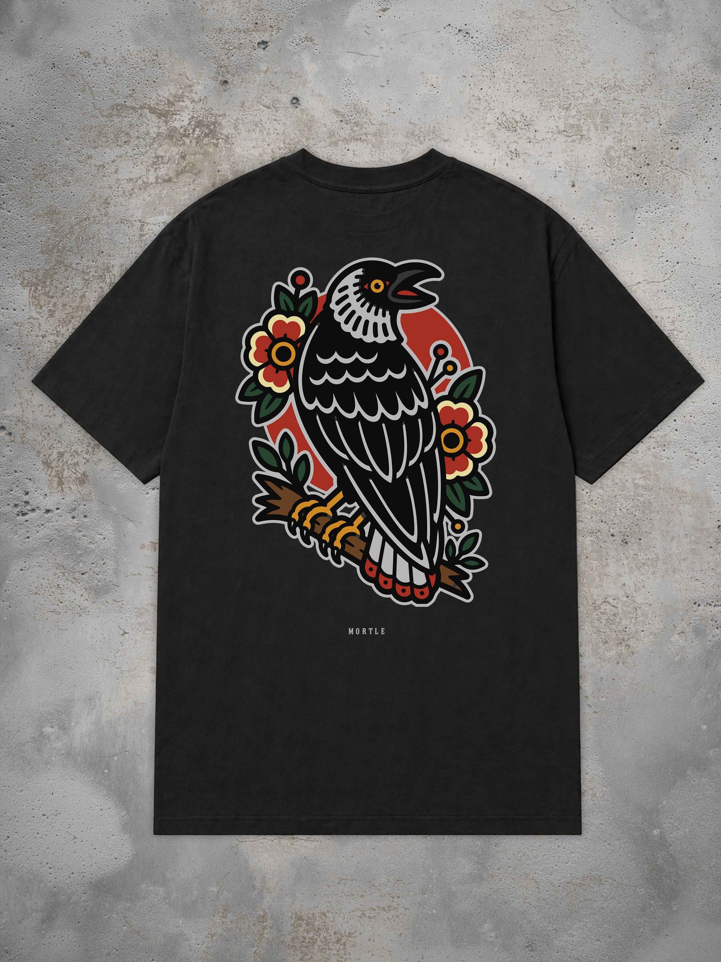 MORTLE Crow Oversized Tattoo T-Shirt in Off White mit großem Traditional Tattoo Raben Rückenprint