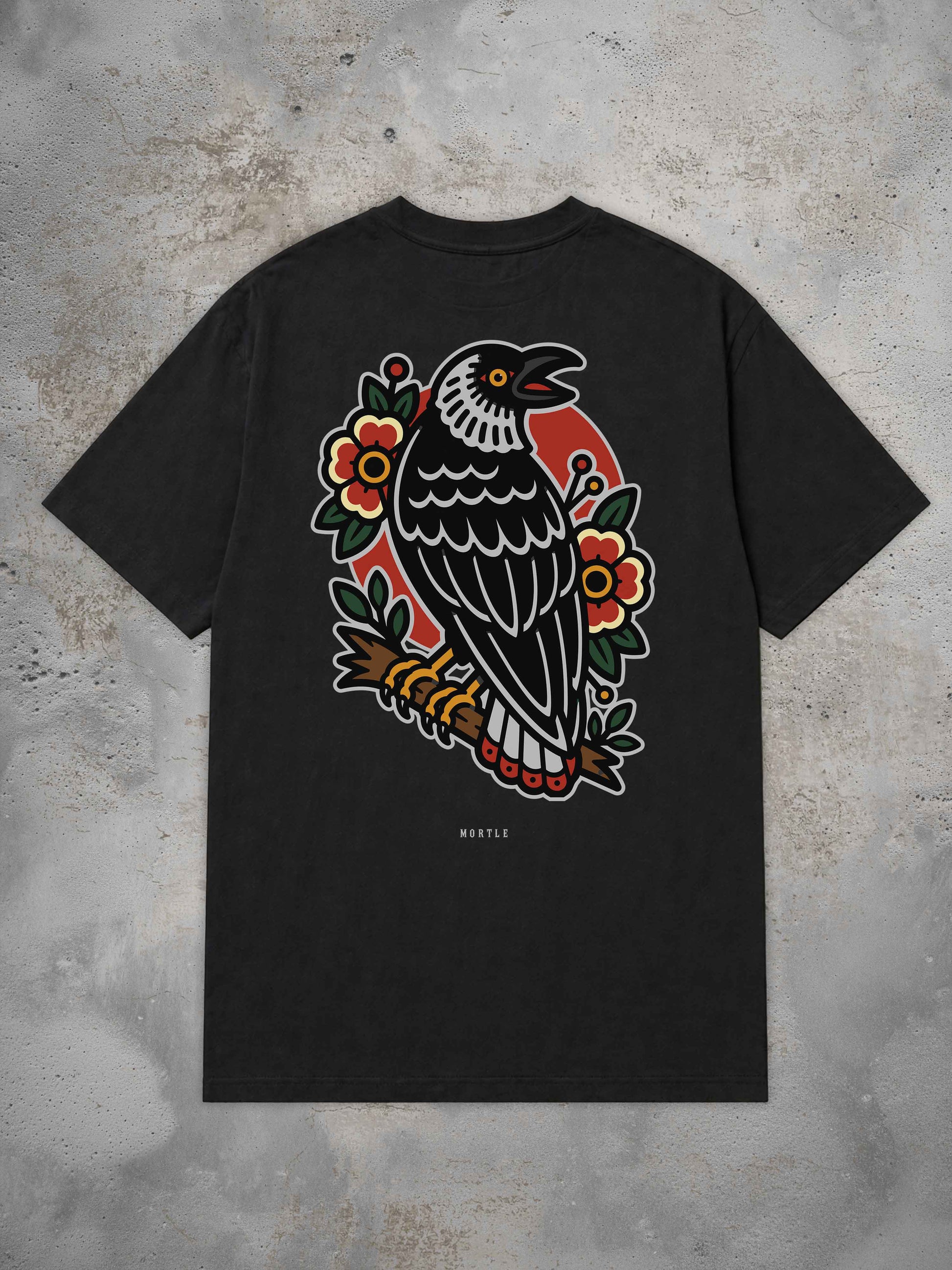 MORTLE Crow Oversized Tattoo T-Shirt in Off White mit großem Traditional Tattoo Raben Rückenprint
