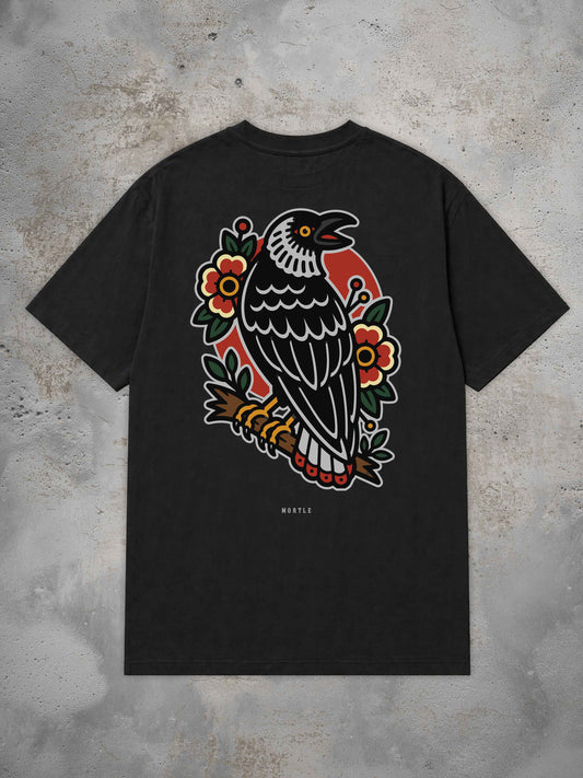 MORTLE Crow Oversized Tattoo T-Shirt in Off White mit großem Traditional Tattoo Raben Rückenprint