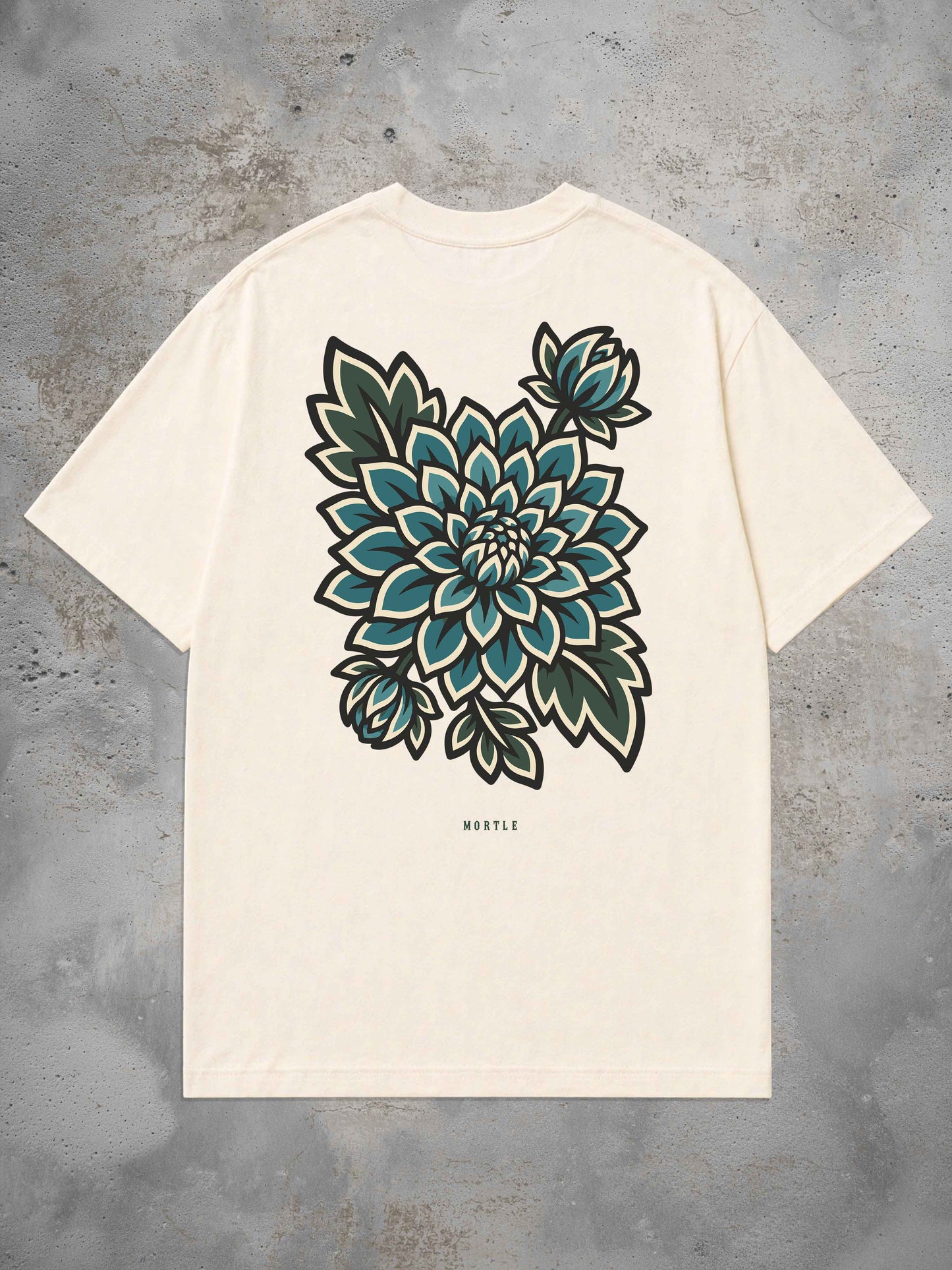 MORTLE Dahlia Oversized T-Shirt in Offwhite mit großem petrolfarbenem Dahlien Backprint im Traditional Tattoo Stil
