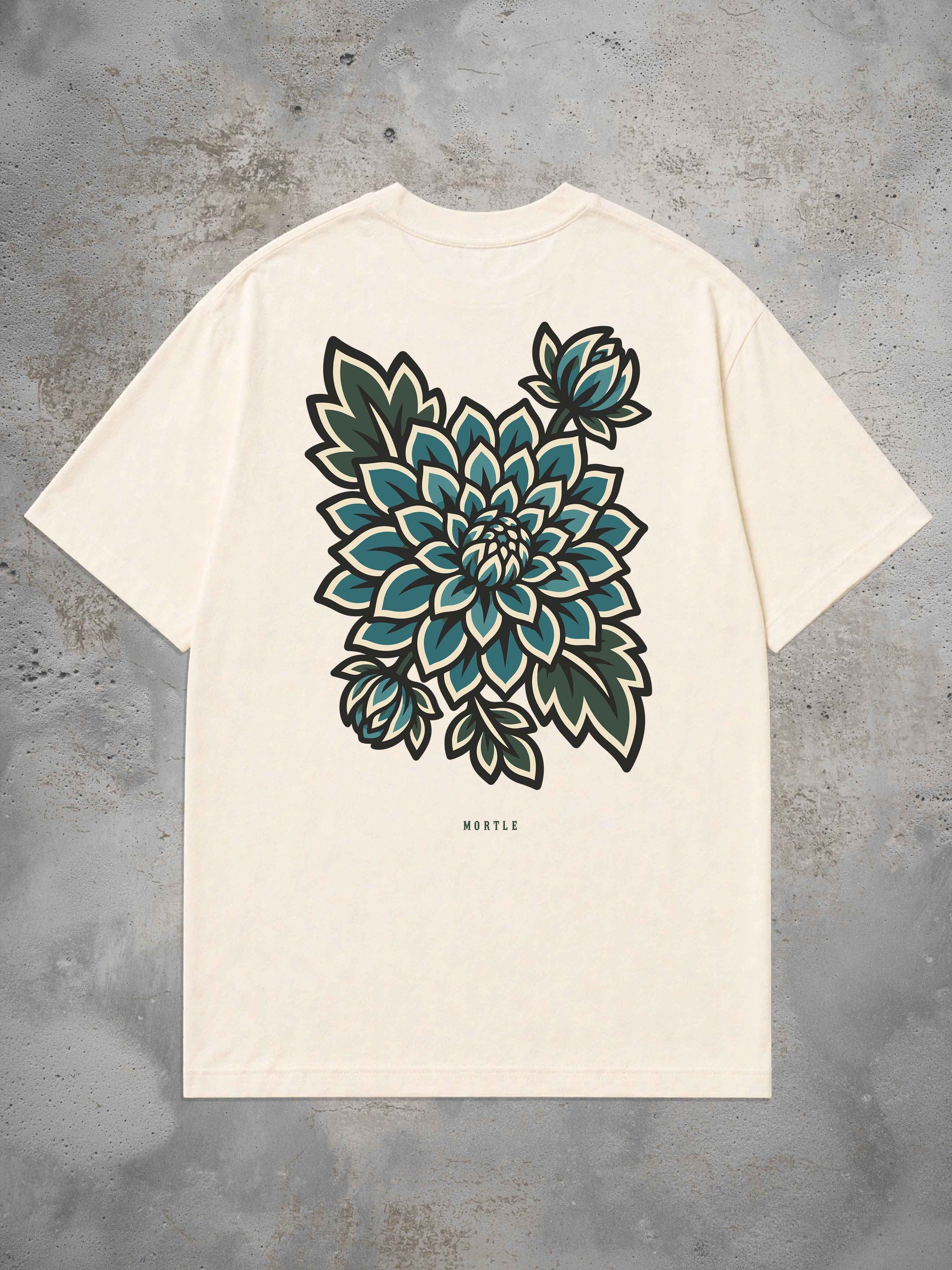 MORTLE Dahlia Oversized T-Shirt in Offwhite mit großem petrolfarbenem Dahlien Backprint im Traditional Tattoo Stil