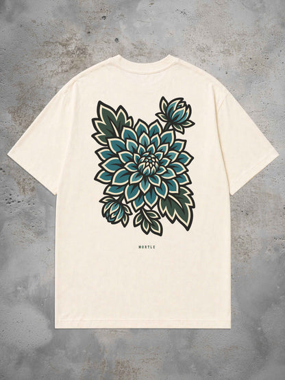 MORTLE Dahlia Oversized T-Shirt in Offwhite mit großem petrolfarbenem Dahlien Backprint im Traditional Tattoo Stil