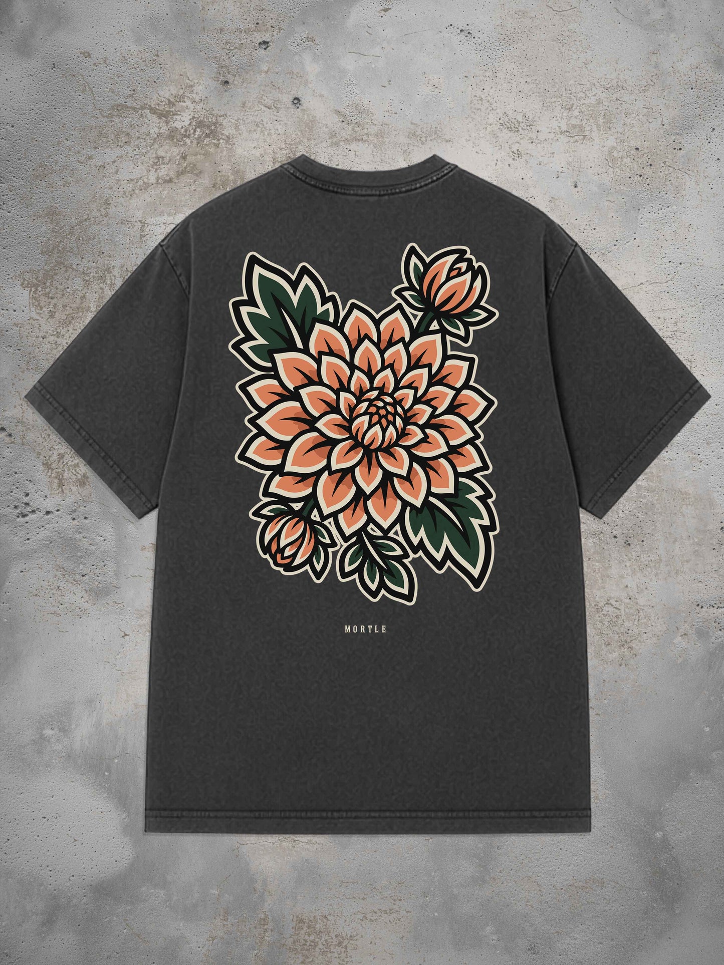 MORTLE Dahlia Oversized T-Shirt in Washed Black mit großem pfirsichfarbenem Dahlien Backprint im Traditional Tattoo Stil