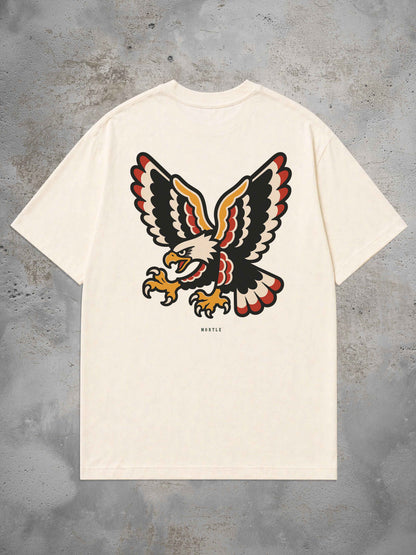 Off White Oversized Tattoo T-Shirt mit großem Adler Rückenprint im Traditional Tattoo Stil
