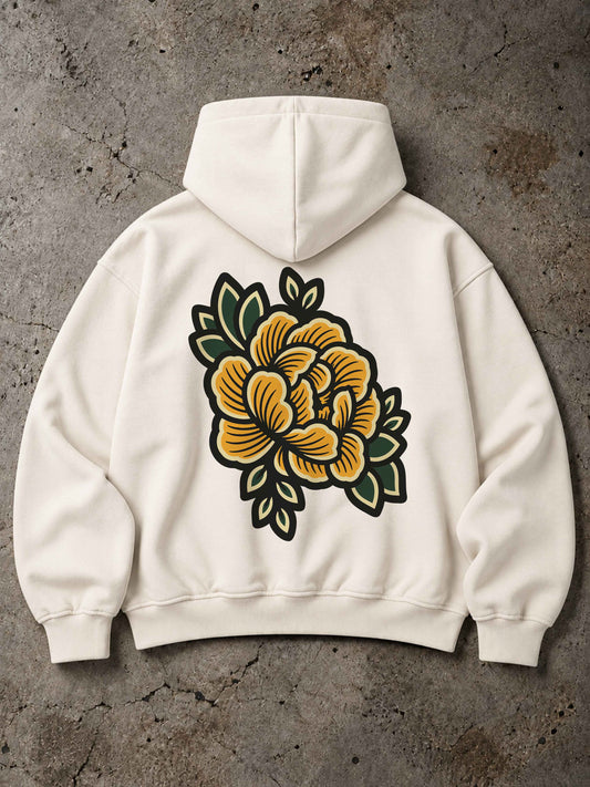 Offwhite MORTLE Begonia Oversized Hoodie mit großem floralen Rückenprint im Traditional Tattoo Stil