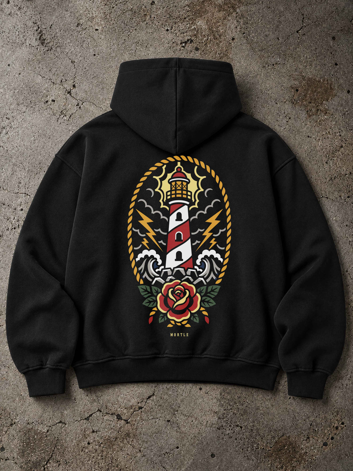 Schwarzer MORTLE Lighthouse Oversized Hoodie mit großem Leuchtturm Rückenprint im Traditional Tattoo Stil