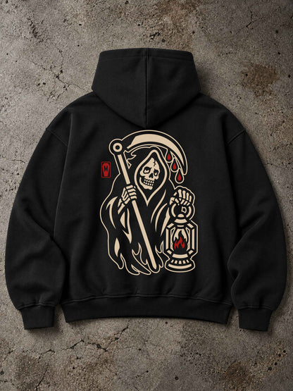 Schwarzer MORTLE Reaper Mono Oversized Hoodie mit großem Grim Reaper Rückenprint im Traditional Tattoo Stil