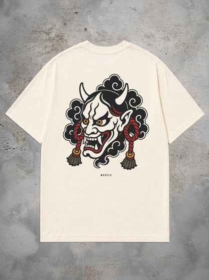 Oni Oversized Tattoo T-Shirt in Offwhite mit japanisch inspirierter Oni-Maske als großem Rückenprint