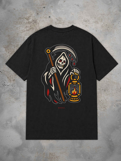 Schwarzes Oversized Tattoo T-Shirt mit großem Grim Reaper Rückenprint im Traditional Tattoo Stil