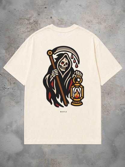 weisses Oversized Tattoo T-Shirt mit großem Grim Reaper Rückenprint im Traditional Tattoo Stil