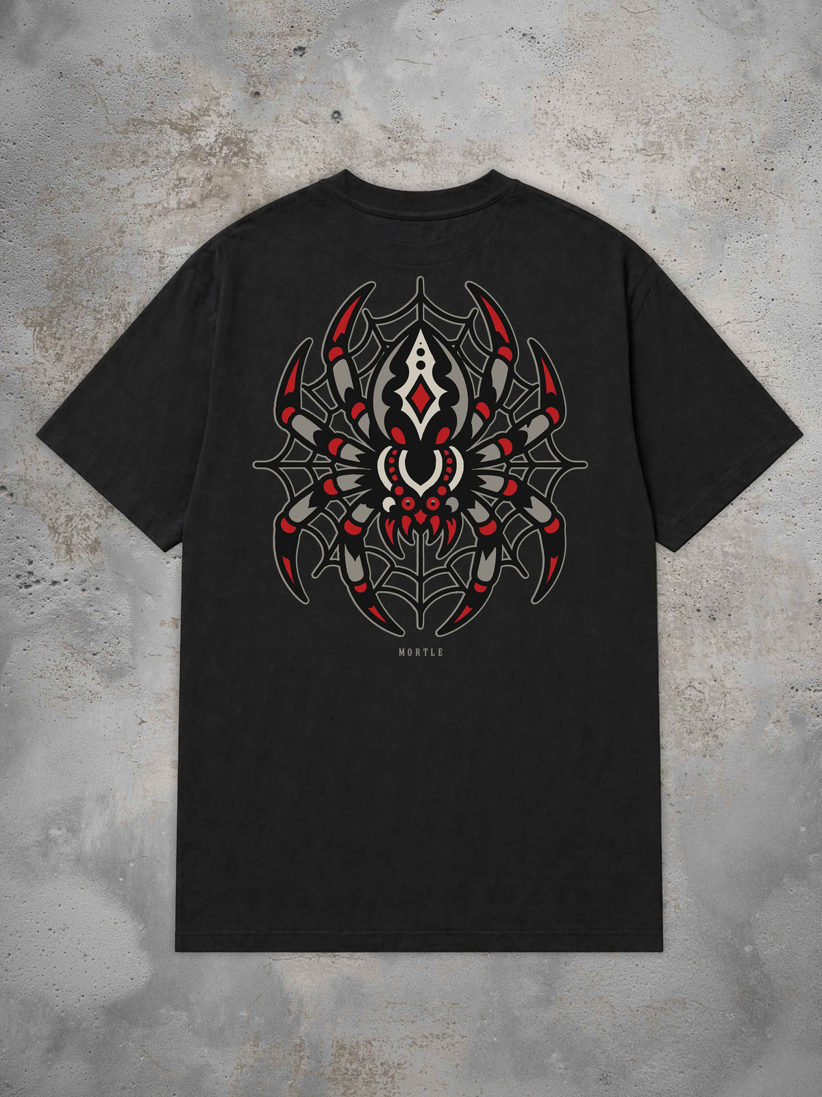 MORTLE Spider Oversized Tattoo T-Shirt in Schwarz mit rot-grauem Spinnen- und Spinnennetz-Backprint im Traditional Tattoo Stil
