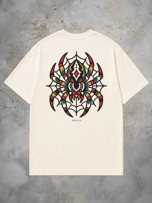 MORTLE Spider Oversized Tattoo T-Shirt in Offwhite mit farbigem Spinnen- und Spinnennetz-Backprint im Traditional Tattoo Stil