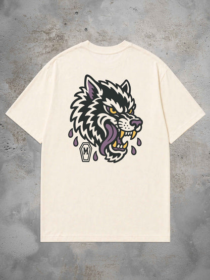 MORTLE Wolf Oversized T-Shirt in Offwhite mit großem Wolf Backprint in Schwarz, Violett und Gelb im Traditional Tattoo Stil