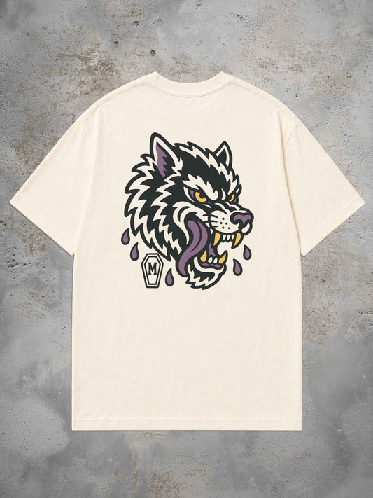 MORTLE Wolf Oversized T-Shirt in Offwhite mit großem Wolf Backprint in Schwarz, Violett und Gelb im Traditional Tattoo Stil