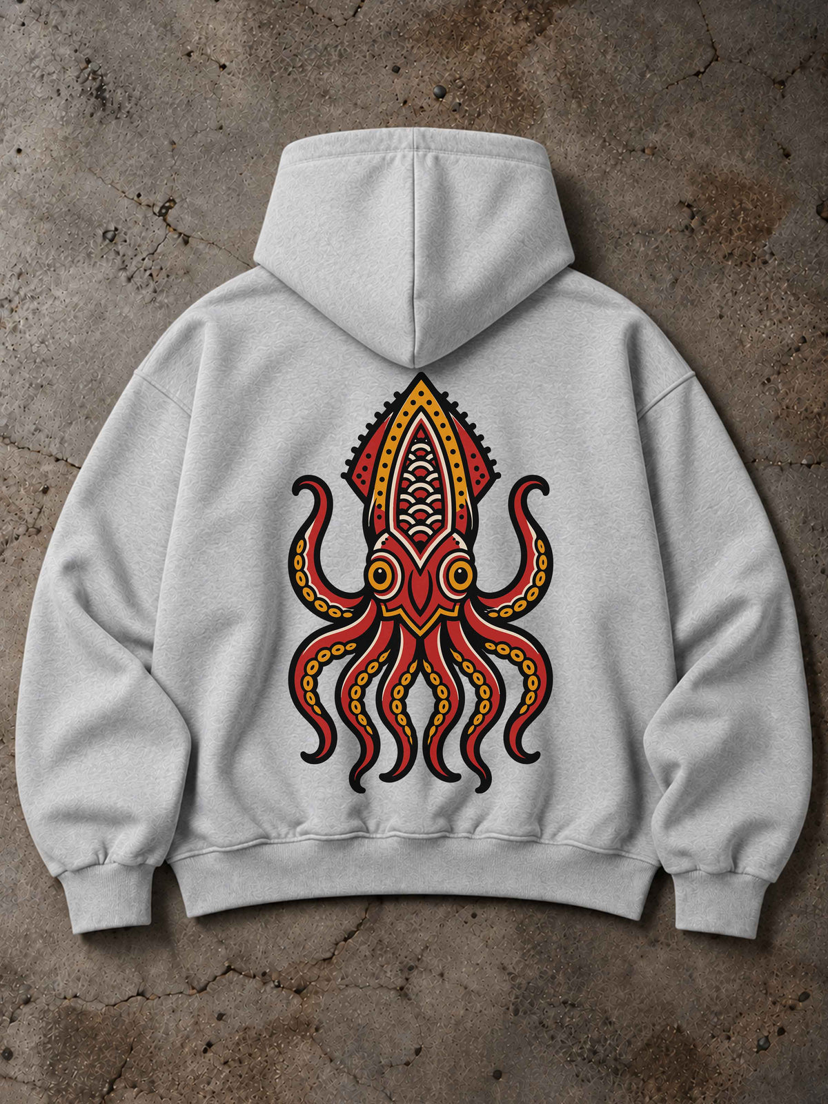 Grau melierter MORTLE Octopus Oversized Zip Hoodie mit großem Tattoo Backprint