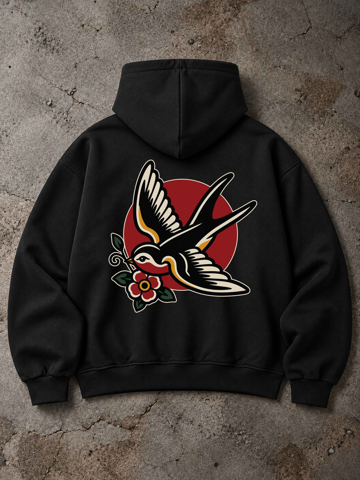 Schwarzer MORTLE Swallow Oversized Zip Hoodie mit großem Schwalben Backprint im Traditional Tattoo Stil