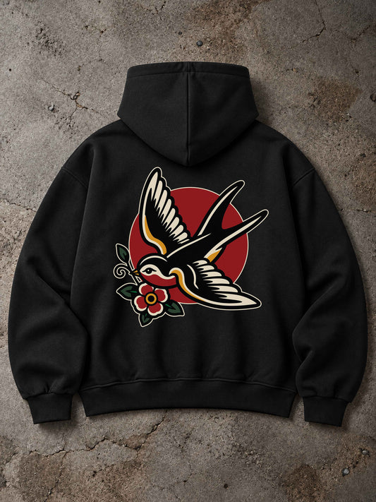 Schwarzer MORTLE Swallow Oversized Zip Hoodie mit großem Schwalben Backprint im Traditional Tattoo Stil