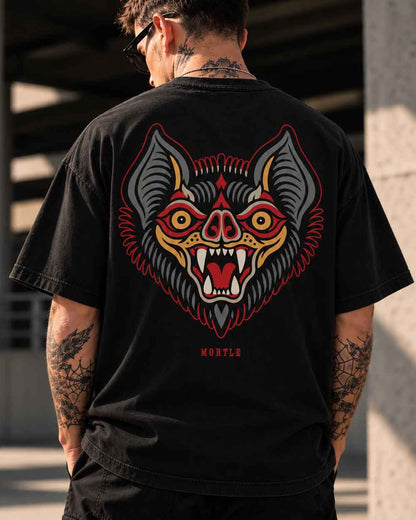 Bat Head Oversized Tattoo T-Shirt in Schwarz mit großem Traditional Tattoo Fledermaus Rückenprint