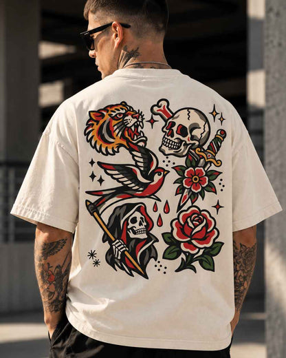 MORTLE Flash Oversized Tattoo T-Shirt in Offwhite mit großem Traditional Tattoo Backprint