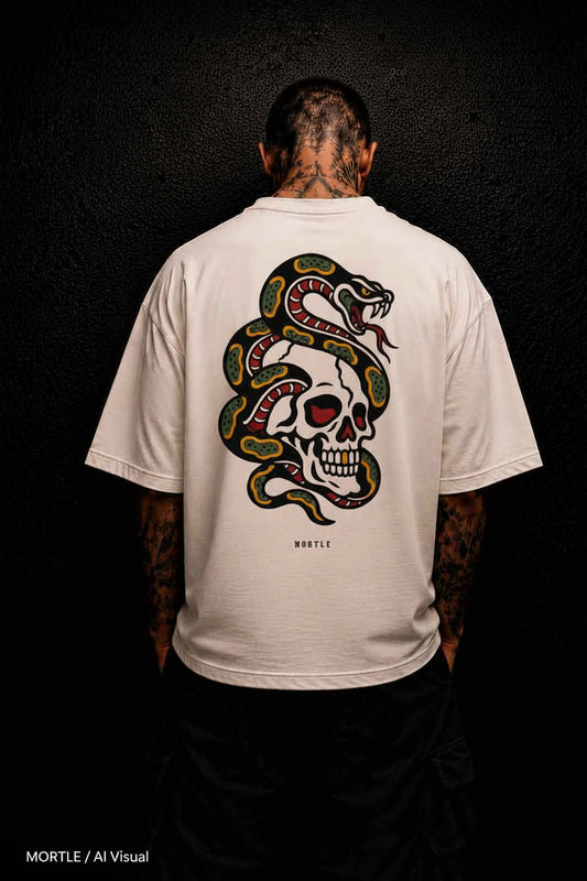 Snake and Skull Traditional Tattoo - overized T-Shirt offwhite - MORTLE